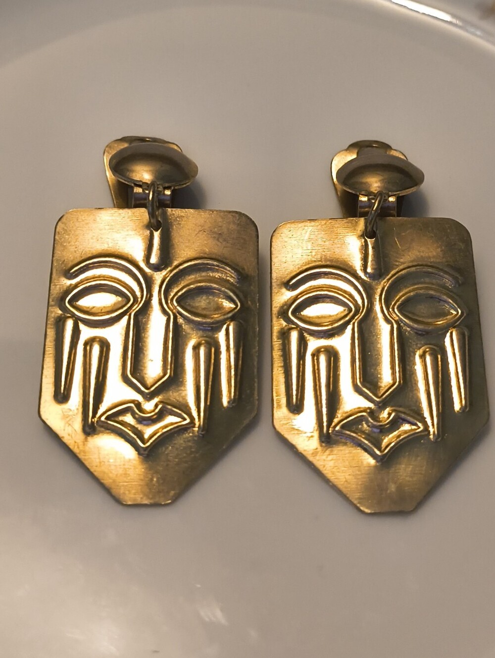1980s Aztec Face Clip-On Earrings Costume Jewelry
